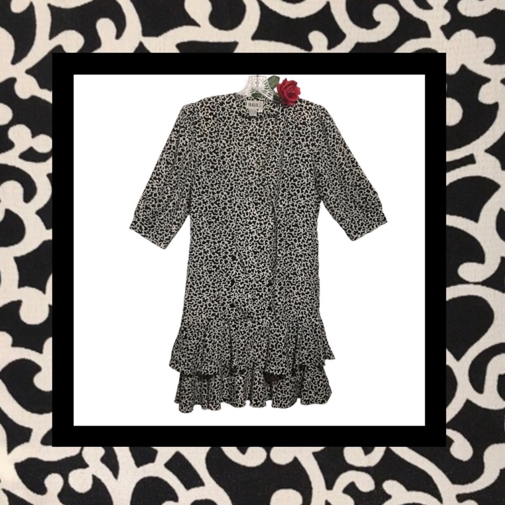 Vtg BGB Dress Black & White spotted drop waist tiered ruffle double breasted 6